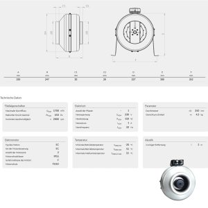 Rohrventilator BDTX-EC 250 Zentrifugaler Inline-Kanalventilator Ø250 mm, EC-Motor mit integrierter Drehzahlregelung, 1700  Rundkanalventilator, rückwärts gekrümmt – Bild 3
